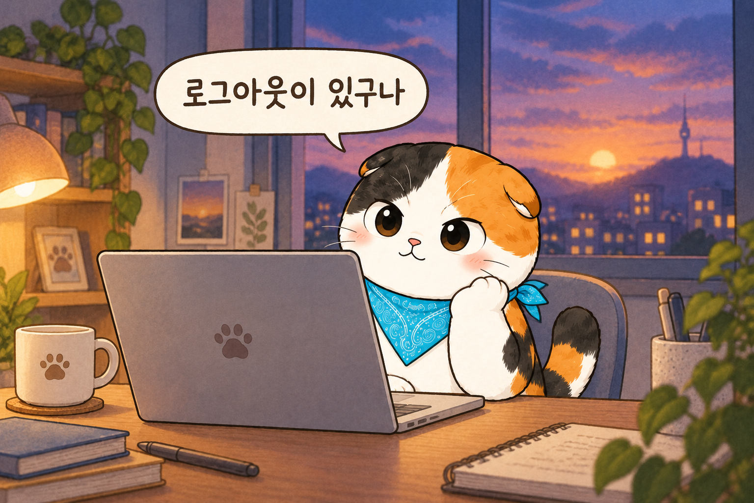 노트북 앞에서 '로그아웃이 있구나' 생각에 잠긴 사이버캣 아롱이